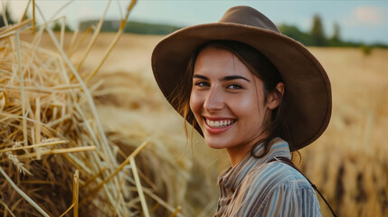 Poster - A woman in a hat smiling in hay.