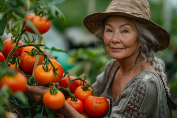 Poster - An older woman holding tomatoes in a garden.