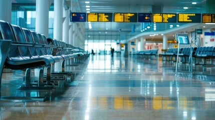 An empty airport terminal with rows of seats and informational signs, illustrating the impact of coronavirus travel restrictions on reduced passenger numbers and limited travel. 