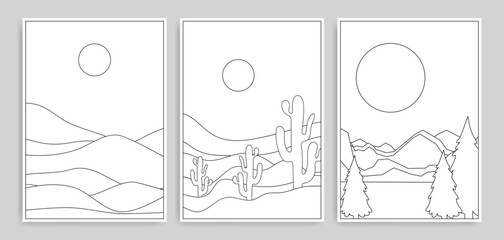 groovy minimalist boho landscape coloring page or line art drawing with mountain and sun. contempora