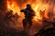 © juliars - Soldiers advance through explosive battlefield engulfed in flames and smoke