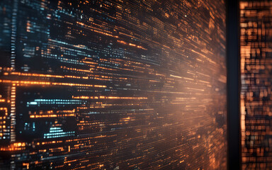 Computer code visually cascading down a monitor in a dimly lit room, symbolizing software development and cybersecurity
