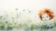 A cheerful red-haired child is sitting in the grass in a meadow among flowers on a watercolor green background