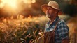 © vadosloginov - A man in a hat is standing in a field, surrounded by grass and under a clear sky. He appears to be observing his surroundings.
