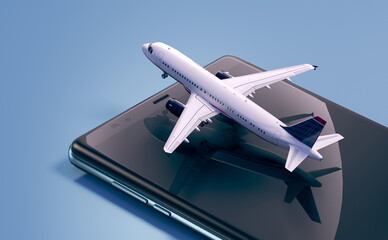 Airplane departing from smart phone 3d illustration, Not gen Ai