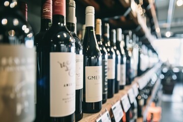 Wine bottles on wooden shelf in wine store