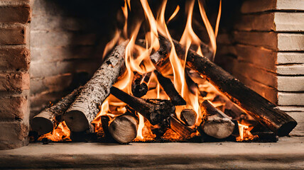 Canvas Print - Burning firewood in the fireplace