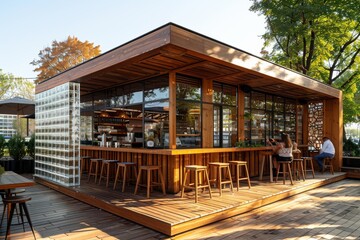 A large wooden building with a glass roof and a patio area with wooden tables