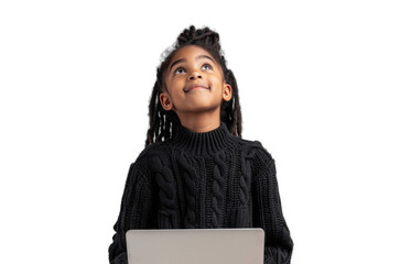 Young Girl with Laptop Looking Upward