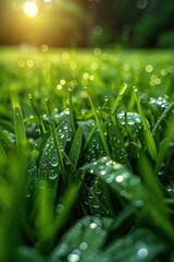 Poster - Grass with dew drops. Generative AI.