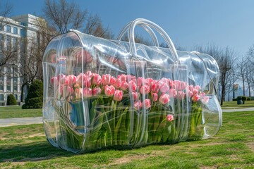 Wall Mural - a clear plastic bag is filled with pink flowers