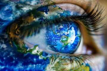 Global Vision: An Artistic Representation of a Human Eye with a World Map Overlay, Symbolizing International Unity, Diversity, and a Global Perspective, Generative AI