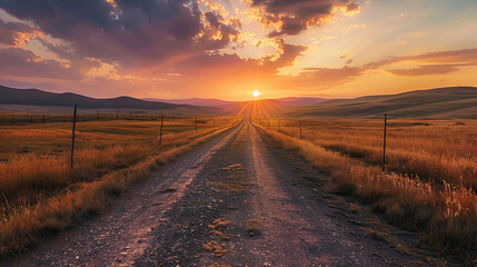 Wall Mural - Golden sunset over a serene rural landscape with open road