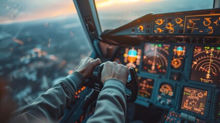 A commercial airplane pilot controls the throttle lever during takeoff or takeoff. View from inside the cabin real airplane Shooting during the day