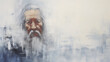 light background, portrait of an old asian, oriental man with a beard, wise grandfather, art work painting copy space