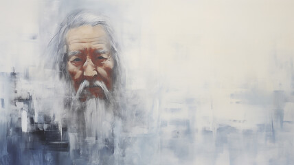 Wall Mural - light background, portrait of an old asian, oriental man with a beard, wise grandfather, art work painting copy space