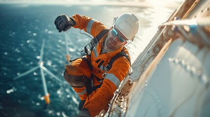Wall Mural - engineers are repairing and maintaining an offshore turbine house. portrait of a skilled professiona