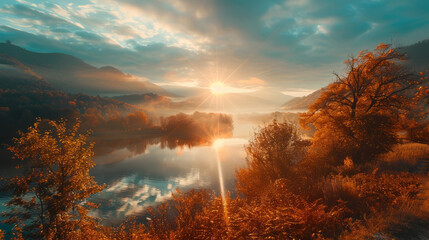 Wall Mural - Stunning sunset over a serene mountain lake in autumn