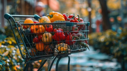 Wall Mural - Grocery Shopping Cart Filled With Food telephoto lens