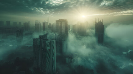 Wall Mural - Misty cityscape at sunrise with glowing sun and skyscrapers