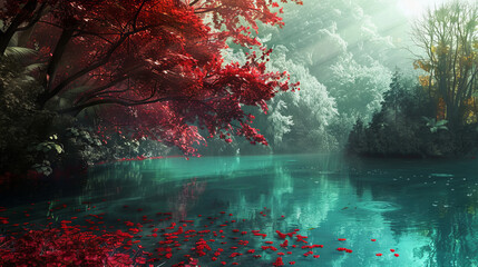 Wall Mural - Enchanted forest scene with red leaves and tranquil lake