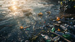 Pollution of the world's oceans. The reservoir is covered with debris, including plastic bottles and other debris