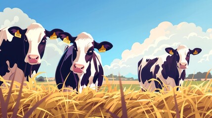 Concept banner for the cattle farm industry. Holstein cows munch on hay on a contemporary farm