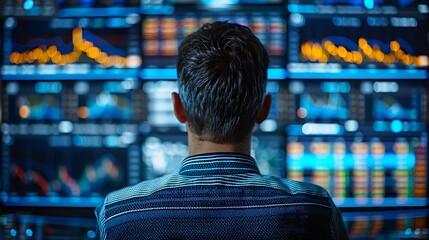 Wall Mural - Man forced on financial live trading using multiple computer screens