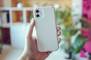 Modern White Smartphone in a Female Hand against a Blurry Indoor Background