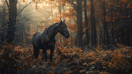 Wall Mural - Majestic horse standing in a sunlit autumn forest