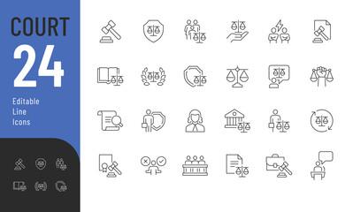 Court Editable Icons set. Vector illustration in modern thin line style of law related icons: Lawyer, judge, justice, and more. Pictograms and infographics for mobile apps. 
