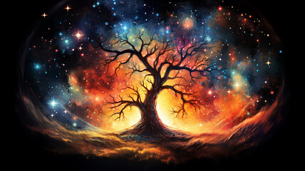 Wall Mural - fairytale illustration of the tree of life of the universe, the image of a large old tree against the background of space and the dark sky among the stars and galaxies