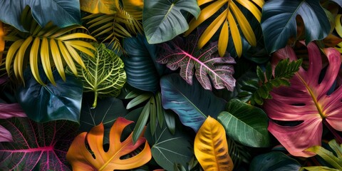 Wall Mural - background with tropical leaves of different colors