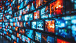 © Uwe - A wall of digital screens displaying various media content, representing the wide range and diversity in video marketing solutions.