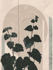 Stylized Illustration of Houseplants with Art Deco Background