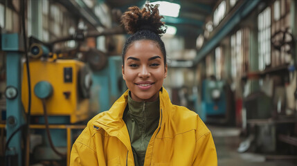 Wall Mural - A young woman in yellow jacket standing in an industrial building.