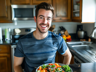 Wall Mural - A man smiling while holding a bowl of salad.