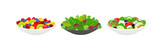 Fototapeta  - Set of salads with fresh vegetables and fruits. Greek salad with cheese, salad with fruits and berries, mix of green leaf vegetables in plate. V cartoon flat illustration of healthy food. 
