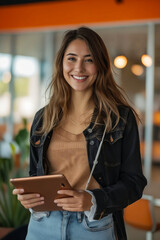 Poster - Smiling woman holding tablet computer in office.