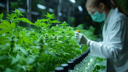 Wall Mural - A woman in a lab coat is working with plants.