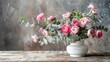 Elegant pink ranunculus in a rustic vase, ideal for interior design and event settings.