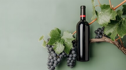 Red wine bottle with dark grapes and green leaves on a vine