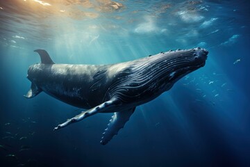 Wall Mural - Majestic humpback whale gracefully swimming underwater in the deep blue ocean, a breathtaking scene of marine life and wildlife conservation