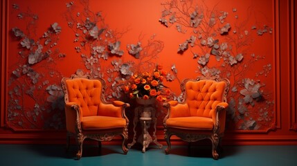 Two empty luxury armchairs with small table with flowers in bold, modern, orange living room