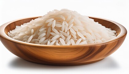 dry white long rice basmati in wooden bowl isolated on a white background