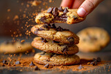 Fototapeta Londyn - AI generated illustration of crunchy chocolate chip cookies on a stack