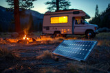 Fototapeta  - Eco-friendly portable solar panel charging during a serene camping evening with a cozy campfire and recreational vehicle in the background