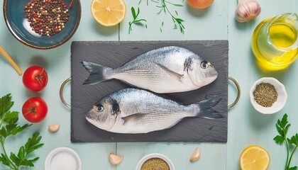 two fresh sea bream on a dark slate board, ready for cooking