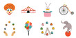 © DELstudio - PNG set of Circus elements in modern flat, line style. Hand drawn illustrations: clown mask, tent, rabbit in a hat, vintage bike, juggling hands, colorful balloons, attraction, elephant on the ball