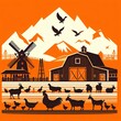 A vibrant orange illustration capturing the serene beauty of a farm at sunset, showcasing detailed silhouettes of a barn, windmill, and various farm animals against a backdrop of majestic mountains